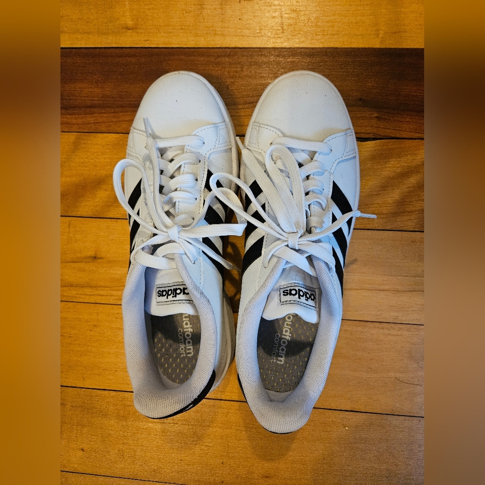 Adidas Womens Classic White Sneakers with Black Stripes